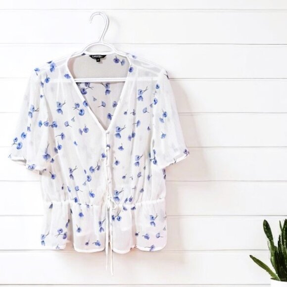 SHEER SUMMER DELICATE Romantic short sleeve cream blue flower blouse Sz L EUC - Picture 1 of 8
